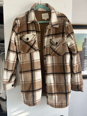 Thread & Supply Plaid Shacket in Brown, Cream, and Black